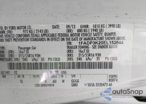 2014 Ford Focus Se from USA, damaged, VIN 1FADP3K20EL152644